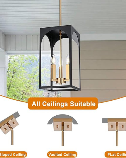 VINLUZ 3 Lights Outdoor Pendant Light Fixture in Black and Brushed Brass Finish, Classic Indoor Outdoor Hanging Lantern Lighting with Clear Glass Shade for Porch Entryway Hallway