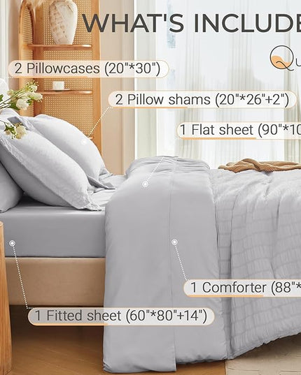 MUXHOMO 7 Pieces Queen Comforter Set, Seersucker Bed in a Bag Queen Size, All Season Luxury Bedding Set with Comforter, Flat Sheet, Fitted Sheet, Pillowcases & Shams, Light Grey
