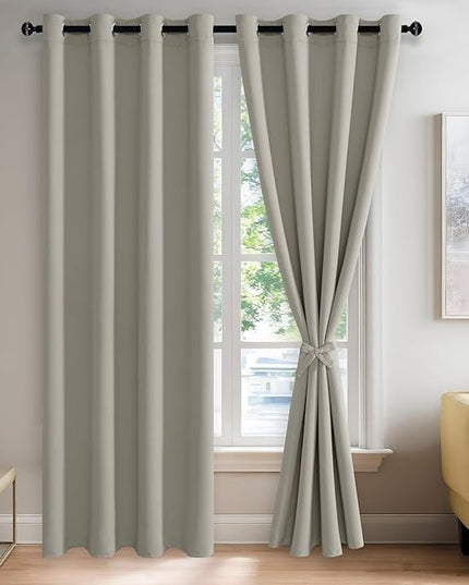 JIUZHEN Silver Grey Blackout Curtains with Tiebacks-Thermal Insulated, Light Blocking and Noise Reducing Grommet Curtain Drapes for Bedroom and Living Room, Set of 2 Curtain Panels, 52x84 Inch Length