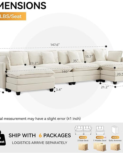 147'' Sectional Cloud Deep Seat Couch, Oversized Chenille U Shaped Sectional Sofa for Living Room Set, Comfy Upholstered Modular Sectional Sofa Couch with 2 Movable Ottoman, Beige