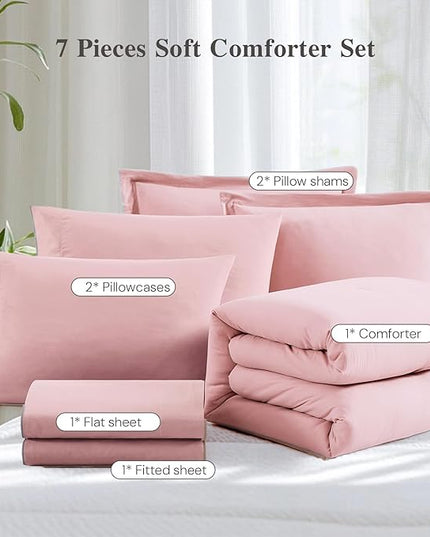 WRENSONGE Queen Comforter Set - 7 Pieces Soft Pink Soft Bed in a Bag Queen with Sheets, 2 Pillow Shams, and 2 Pillowcases- Warm Bedding Sets for All Season