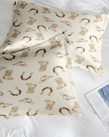 Comforter Set Twin Size, Vintage Cowgirl Cowboy 5 Pcs Bedding for Kids and Adults, Retro Western Horseshoe Bed Sheet Sets with Fitted Sheet Pillowcase & Sham