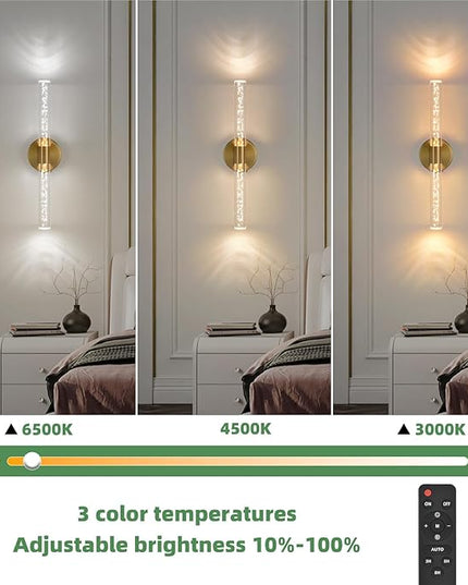 Battery Operated Wall Sconces Set of Two, Gold 20'' Rechargeable Crystal Bubble Wall Sconce with Remote Control, 3000K-6000K Dimmable LED Wireless Wall Lights for Living Room Bedroom Bathroom Hallway