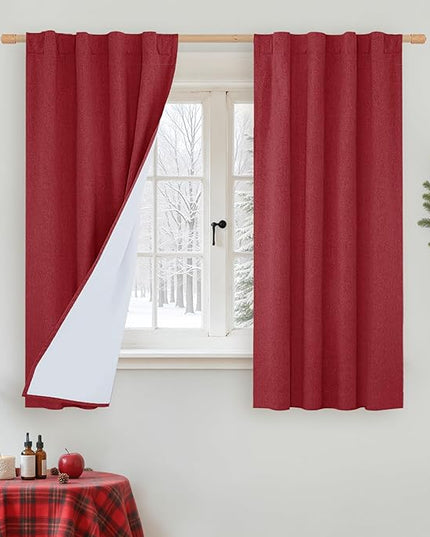 LAMIT Linen Full Blackout Window Curtains for Bedroom, 54 Inches Thermal Christmas Decor Panels Back Tab and Rod Pocket Privacy Protected Burlap Drapes with White Liner, 2 Panels, 38 x 54 Inch, Red