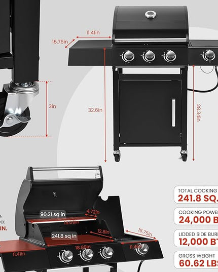 Q042-3-Burner w/Side Burner Gas Grill with 241 SQ.IN. Outdoor Grill with 36,000 BTU,Propane Grills with Top Cover Lid,Grills Outdoor Cooking for Patios,Balcony,Camping,Garden