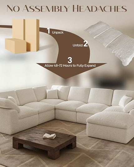 Oversized Cloud Couch Sectional Sofa, 7 Seater Modular Sectional Couches with Movable Ottoman, Convertible Corduroy Couch Boneless Comfy Sofa for Living Room, No-Assembly, Cream