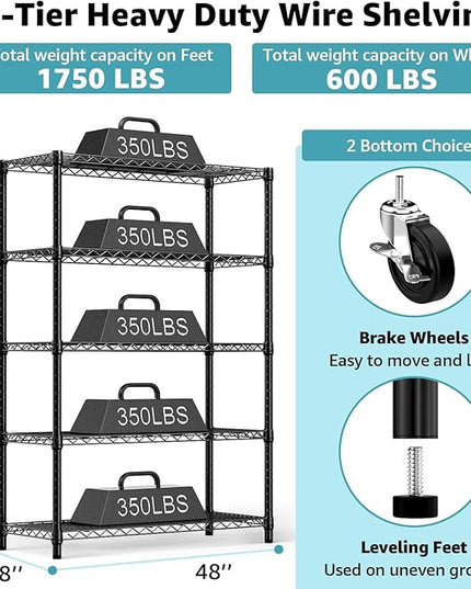 5-Shelf Storage Shelves,Wire Shelving Heavy Duty Metal Storage Shelving Unit Adjustable Garage Shelving Rack Pantry Kitchen (Black, 5 Tier,17.7" D x 47.2" W x 76.7" H)