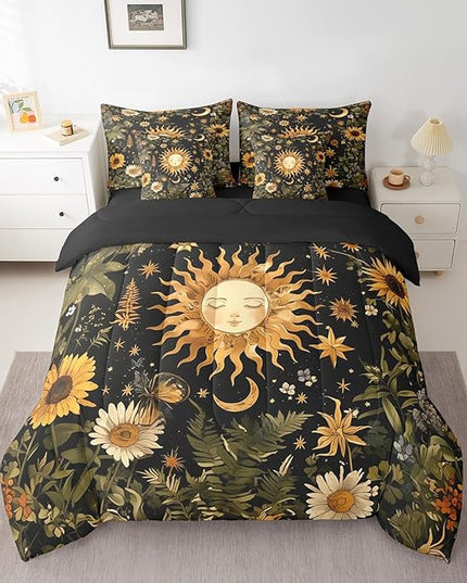 Feelyou 7Pcs Sun and Moon Comforter Sets Queen Size, Butterfly Moth Flower Rustic Garden Comforter Set Bed in a Bag(1 Comforter, 1 Flat Sheet 1 Fitted Sheet 2 Pillowcases and 2 Throw Pillow Covers)