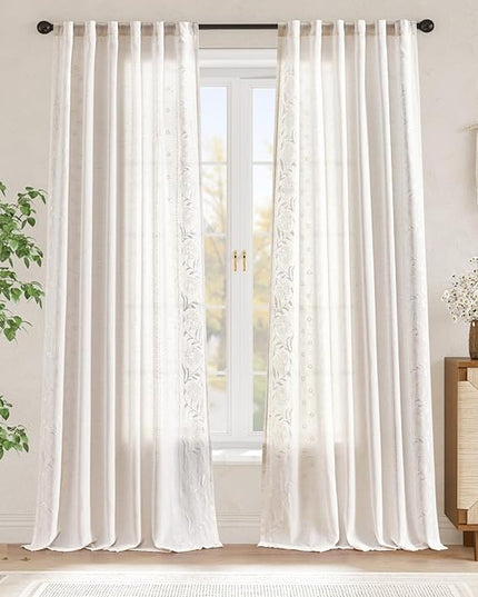 jinchan Winslow Linen Curtains for Bedroom 96 Inches Length Embroidered Bordered Floral Curtains for Living Room Farmhouse Decor Light Filtering Window Treatments White on White Drapes 2 Panels