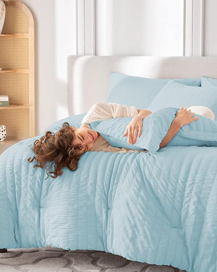 MUXHOMO 7 Pieces King Comforter Set, Seersucker Bed in a Bag King Size, All Season Luxury Bedding Set with Comforter, Flat Sheet, Fitted Sheet, Pillowcases & Shams, Lake Blue