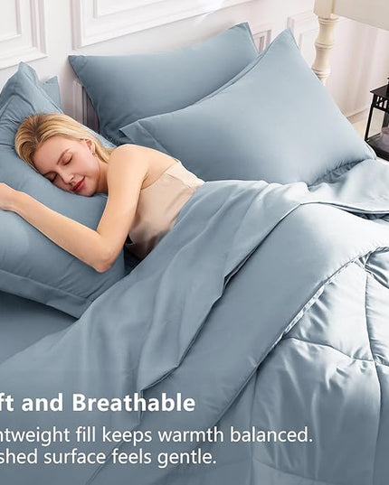 CozyLux King Size Comforter Set Dusty Blue - 7 Pieces Bed in a Bag King, Luxury Soft Bed Set for All Seasons, Bedding Set with Down Alternative Comforter, Sheets, Pillowcases & Shams, Grayish Blue
