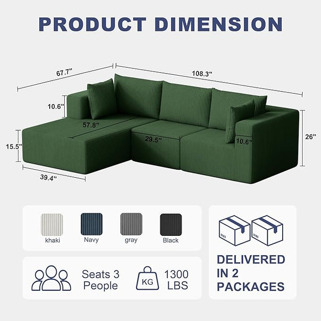 108" Boneless Couches for Living Room, Modular Cloud Couch Sofa - L Shap Corduroy Sectional Sofa, Fluffy Memory Foam Sleeper Sofa Furniture, No Assembly, Wide Armrest, Green