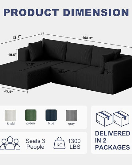 108" Boneless Couches for Living Room, Modular Cloud Couch Sofa - L Shap Corduroy Sectional Sofa, Fluffy Memory Foam Sleeper Sofa Furniture, No Assembly, Wide Armrest, Black