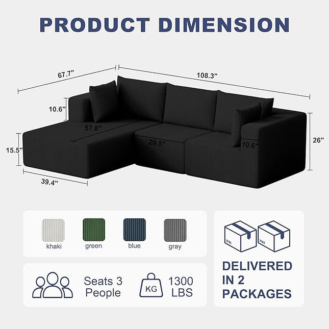 108" Boneless Couches for Living Room, Modular Cloud Couch Sofa - L Shap Corduroy Sectional Sofa, Fluffy Memory Foam Sleeper Sofa Furniture, No Assembly, Wide Armrest, Black