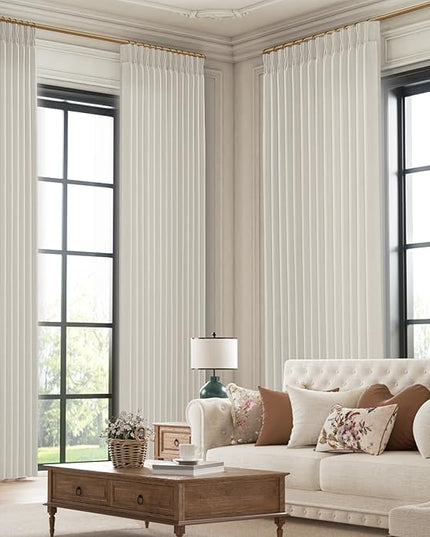 Pinch Pleated Light Filtering 96 Inches Long Curtains for Living Room, Thick Privacy Pleat Off White Linen Curtain 8 ft Length Rustic Country Drapes for High Ceiling to Floor Tall Windows 2 Panels