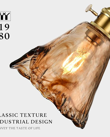 Modern Amber Glass Pendant Light, 6"x11.5" Floral Bell-Shaped Hanging Light with Wood Handle & Brass Cap, 15"-72" Adjustable Line, E26 Socket – Golden Amber Morning Glory