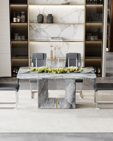 Dinner Table Set for 4, 5 Piece Dining Table Set with Chairs, 63" Faux Marble Modern Table with 4 PU Leather Upholstered Chairs, for Kitchen & Dining Room