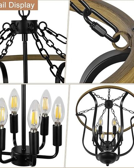 Black Farmhouse Chandelier Light Fixture, 6-Light Rustic Lantern Pendant Light,Vintage Cage Chandelier for Entryway Foyer Dining Room Kitchen Island Hallway.