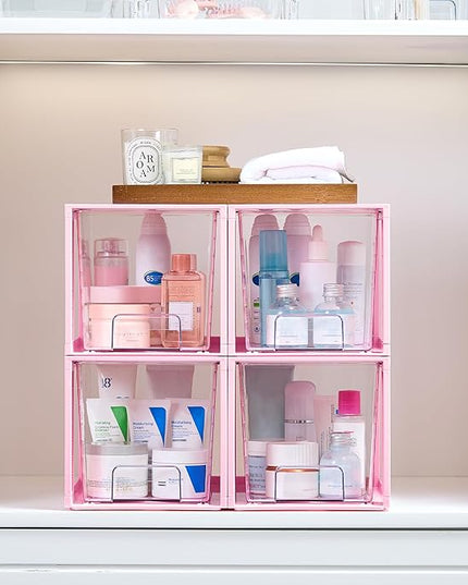Vtopmart 4 Pack Large Stackable Storage Drawers,Pink,Easily Assemble Acrylic Bathroom Closet Undersink Organizers and Storage,Plastic Bins for Kitchen Cabinets,Pantry,Makeup,Medicine Organization