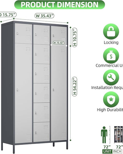 Aobabo Metal Lockable Storage Locker 8 Small Doors and 2 Big Doors, Metal Lockers for empolyees with Hooks, for School Home Office, Assembly Required, 10Doors, Grey White