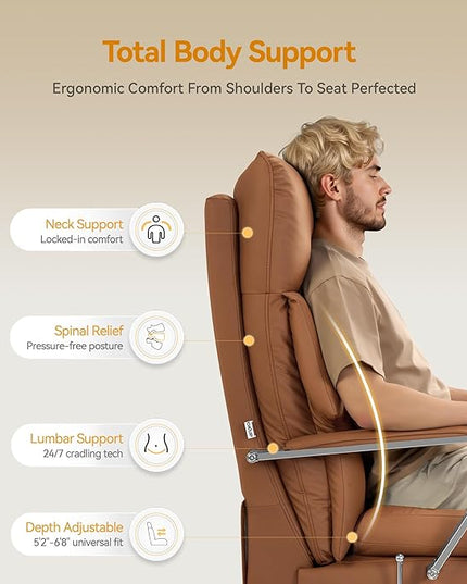 Reclining Office Chair with Footrest - 25.6" Wide Seat & Adjustable Seat Depth, Big and Tall High Back Leather Executive Home Office Desk Chair 400lbs, Brown