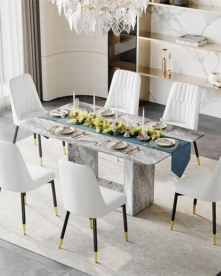 Dinner Table Set for 6, 7 Piece Dining Table Set with Chairs, 63" Faux Marble Modern Table with 6 PU Leather Upholstered Chairs, for Kitchen & Dining Room