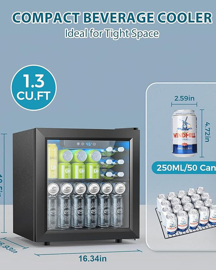 50 Cans Beverage Refrigerator Cooler, 1.3 Cu.ft Mini Fridge Countertop Drink Cooler with Glass Door for Beer, Soda,Wine, Adjustable Digital Temperature Control for Home Dorm Bar, Black
