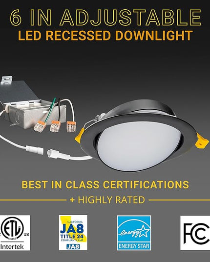 NUWATT 6 Inch Black Gimbal LED Recessed Lighting Canless Wafer Lights, 5CCT 2700K/3000K/3500K/4000K/5000K, Dimmable, 1050LM, 12W, Downlight Adjustable Recessed Swivel LED Sloped Ceiling Light, 6 Pack