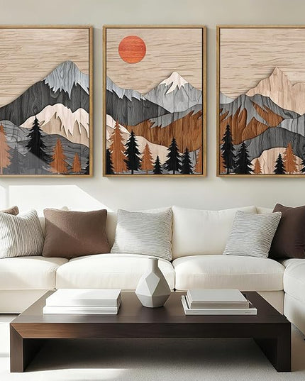 ANHUIB Mountain Wall Art 16x24 Inch Large Forest Wall Decor Woodcut Pine Tree Illustration Nature Wilderness Art Print Abstract Landscape Painting Set of 3 for Living Room Bedroom Office