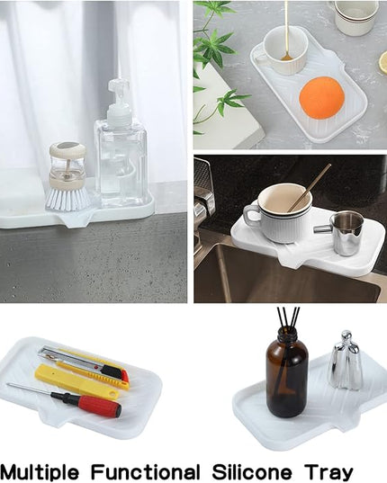 Silicone Bathroom Soap Dishes with Drain Spout-Bathroom and Kitchen Sink Organizer,Sponge Holder,Dish Soap Tray,Perfect for Dispenser,Scrubber,Bottle,Cup on Sink or Counter-White 9.6"×5.3"