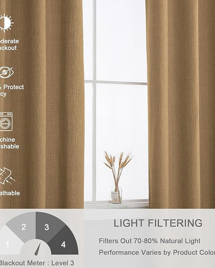 Jacquard Linen Curtains 72 inch Length 2 Panels Thick Faux Linen Blended Window Drapes Burlap Textured Curtains with Grommet for Living Room Bedroom Farmhouse (52x72 Light Coffee) Natural