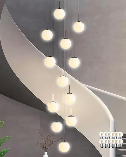 KoKo&Yukina 12-Light Black Mid Century Modern Chandelier for Living Room Staircase Chandelier for Entryway Globe Milky White Glass Pendant Light High Ceiling Chandeliers Foyer (Bulb & Remote Incl.)