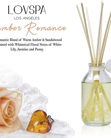 LOVSPA Reed Diffuser Set, Amber Romance Scented Oil Diffuser with Sticks, Home Fragrance Accessories for Bathroom Shelf Decor, Aroma Diffusers for Home or Office Fall Decor, USA Made