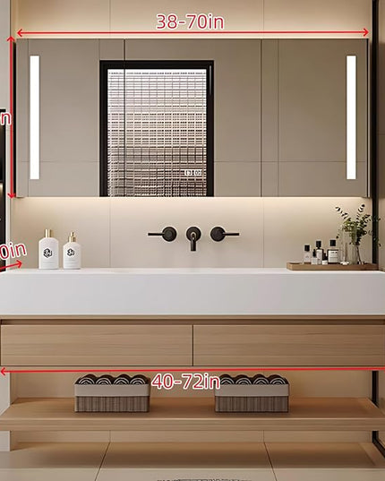 72IN Bathroom Vanity with Sink - Luxury Bathroom Cabinet | Intelligent Mirror Cabinet Including LED Light Strip & Defogging Mirror Cabinet, Large Storage Space, 2 Drawers (Original Wood Color)