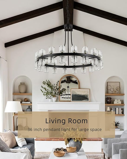 36" Wagon Wheel Chandelier Black Wagon Wheel Chandelie with Crystal Shade,Modern Style, Ideal for Dining Room, Kitchen, Entryways,36-Lights