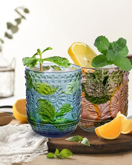 Glass Cups, Vintage Glassware Drinking Glass Set of 6, 12oz Colored Glassware with Sunflower Design, Embossed Floral Decorative Glasses Drinking Set for Cocktail, Wine, Vintage Drinking Glasses
