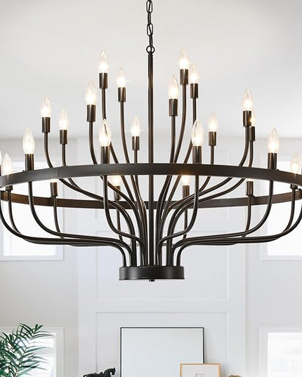39.3 Inch Chandelier 24 Light Black Dining Room Light Fixture, Black Farmhouse Chandeliers for Dining Room, Large Chandelier Rustic Industrial Candle Chandeliers for Hallway, Entryway,Office,Bar
