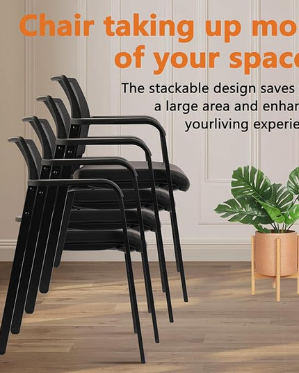 CLATINA Stackable Office Chair, Mesh Back Guest Chairs with Comfortable Leather Seat Arms Stacking Ergonomic Desk Chair No Wheels for Conference Waiting Reception School Stationary, Black, Set of 4