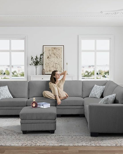 Legend Vansen Oversized Modular Sectional Sofa,7 Seat U Shaped Couch with Ottoman,Corduroy Sofa with Deep Seat,Convertible Large Sectional Couches for Living Room (Grey, L-9）