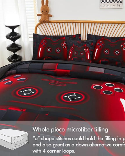 PERFEMET 6-Piece Boys Comforter Set Full Size Game Console Bedding Set for Kids Teen 3D Black and Red Gamepad Gaming Bed in a Bag Matching Sheet Set(Red, Full)