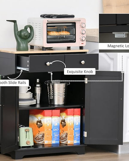 HOMCOM Sideboard Buffet Cabinet with Solid Wood Countertop, Modern Kitchen Storage Cabinet, Coffee Bar Cabinet with 2 Drawers, Doors and Adjustable Shelf, Black