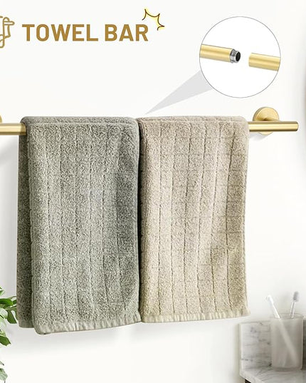 TURS Brushed Gold 5 Piece Bathroom Hardware Set, SUS304 Stainless Steel Bath Towel Bar Set, 23.6 Inch Round Bathroom Accessories Kit Wall Mounted