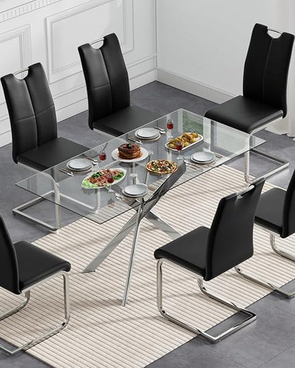 7 Piece Glass Dining Table Set, Glass Kitchen Dining Room Table Set for 6, 61" Modern Rectangular Silver Glass Metal Dining Table with 6 Black PU Leather Dining Chairs for Kitchen Dining Room
