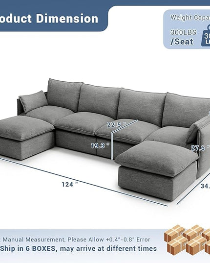 124" Cloud Modular Sectional Sofa, Waterproof Down Filled Sectional Couch, High Backrest U Shaped 4 Seater Couch with 2 Ottomans, Modern Modular Sofas with Removable Cover, Dark Gray