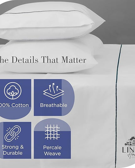 Linen Home 100% Cotton Percale Pearl Stitch Pillowcases King Size, Dark Blue, 2 Pieces of Pillow Case, Crisp and Cool Strong Bed Linen, 20 inches X 40 inches