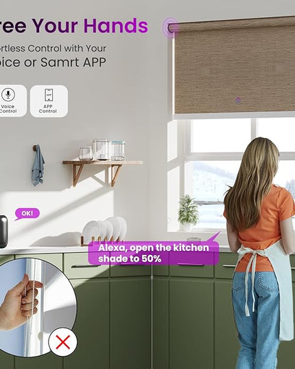 Astomi Motorized Roller Shades for Windows, Blackout Automatic Blinds with Remote, Smart Blinds, Voice Control, Compatible with Alexa, Google, Custom Size (Natural Wood)