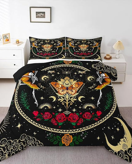 Sun Moon Kids Comforter Set King Size,Starry Sky Galaxy Trippy Bedding Set,Boys Girls Adults Room Decor,Butterfly Skull Rose Flowers Romantic Down Comforter,Watercolor Duvet Insert,2 Pillowcases