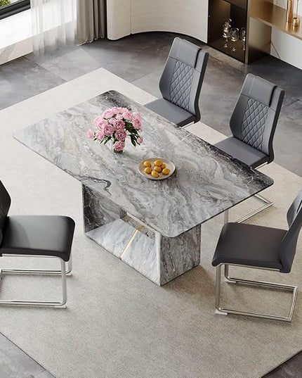 Dinner Table Set for 4, 5 Piece Dining Table Set with Chairs, 63" Faux Marble Modern Table with 4 PU Leather Upholstered Chairs, for Kitchen & Dining Room