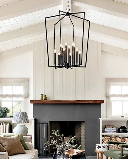 Vezzio Black Chandelier, 12-Light Modern Farmhouse Chandeliers Geometric Industrial Pendant Light Fixture Lantern for Dining Room Foyer Kitchen Island High Ceiling Hallway Entryway, D30 Inch