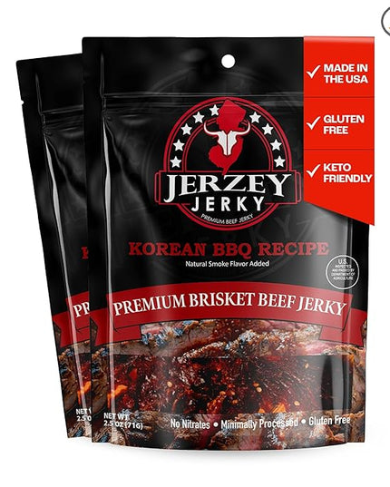 Jerzey Jerky Korean BBQ Brisket Jerky 2.5oz (2 Pack) – High Protein, Gluten Free and Healthy Beef Snacks with Rich, Authentic Flavor